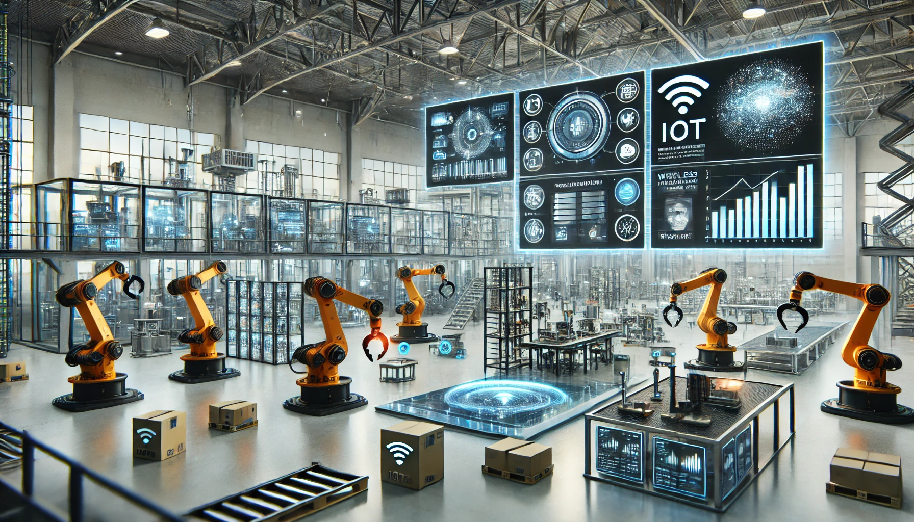 DALL·E 2025-02-04 21.42.33 - A realistic futuristic industrial automation setting with IoT sensors, devices, and dashboards. The image features a modern smart factory with robotic